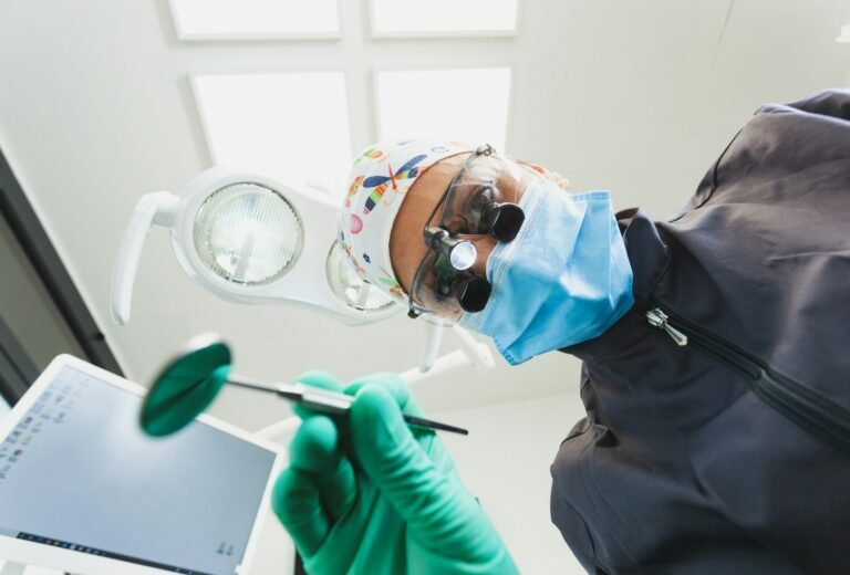 The patient's first person view at the examination by the dentist lies in the dental chair. Doni Dent. Dental Clinic